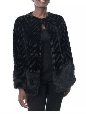Nina Leonard Black Faux Fur Coat with Plush Texture. Hip Length- MEDIUM